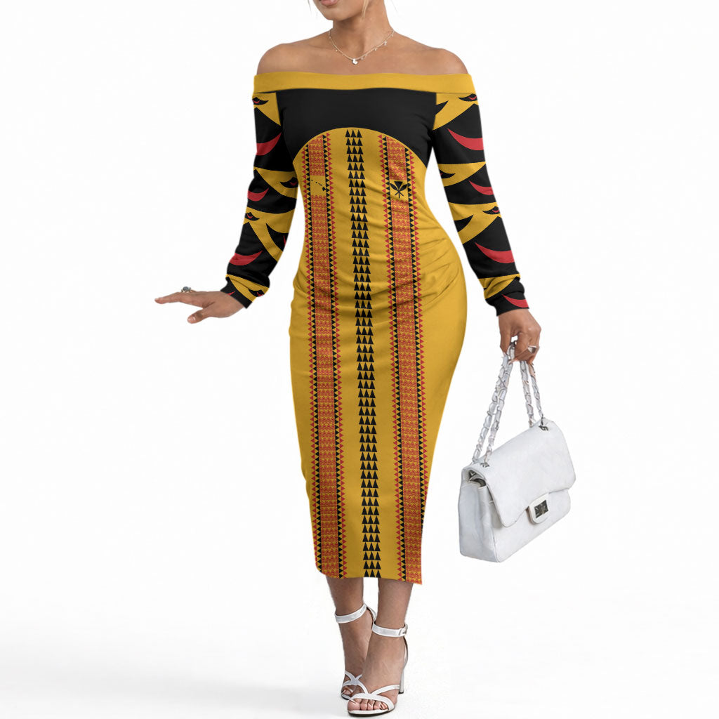 Hawaii Ahu Ula Inspired Off The Shoulder Long Sleeve Dress Yellow Version