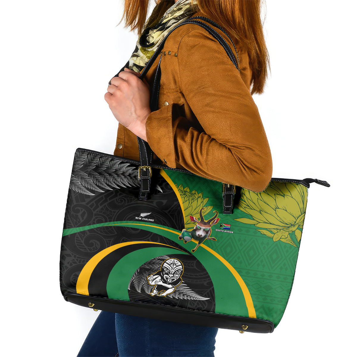 New Zealand And South Africa Rugby Leather Tote Bag 2023 Springboks Combine All Black Silver Fern LT05 Green - Polynesian Pride