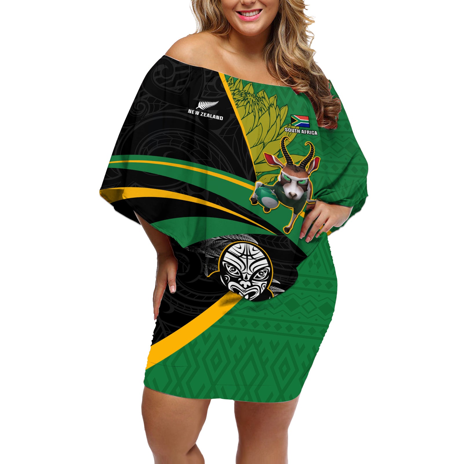 Custom New Zealand And South Africa Rugby Off Shoulder Short Dress 2023 Springboks Combine All Black Silver Fern LT05 Women Green - Polynesian Pride