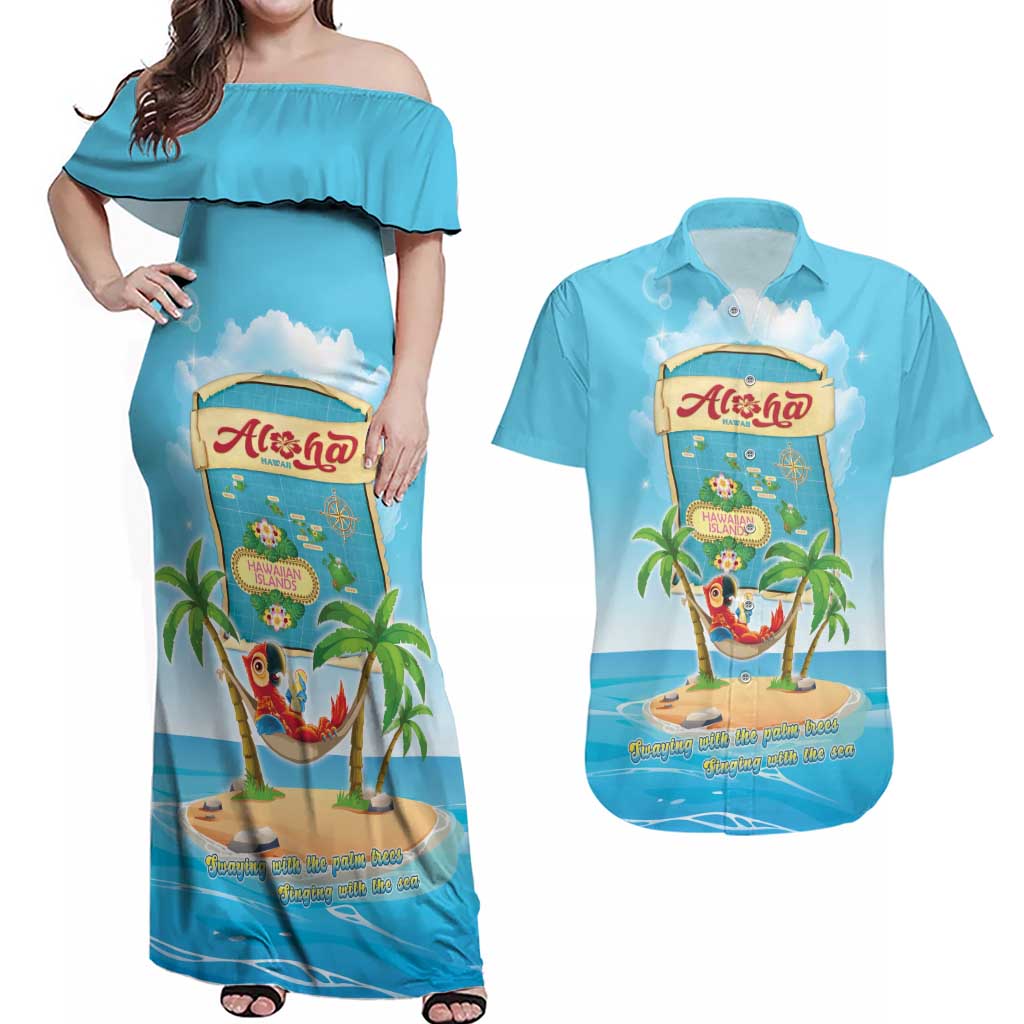 Aloha Hawaii Couples Matching Off Shoulder Maxi Dress and Hawaiian Shirt Funny Macaw Parrot Tropical Vibe