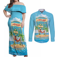Aloha Hawaii Couples Matching Off Shoulder Maxi Dress and Long Sleeve Button Shirt Funny Macaw Parrot Tropical Vibe LT05 Blue - Polynesian Pride