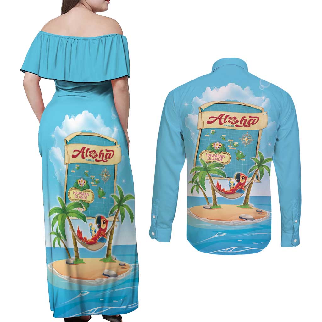 Aloha Hawaii Couples Matching Off Shoulder Maxi Dress and Long Sleeve Button Shirt Funny Macaw Parrot Tropical Vibe LT05 - Polynesian Pride