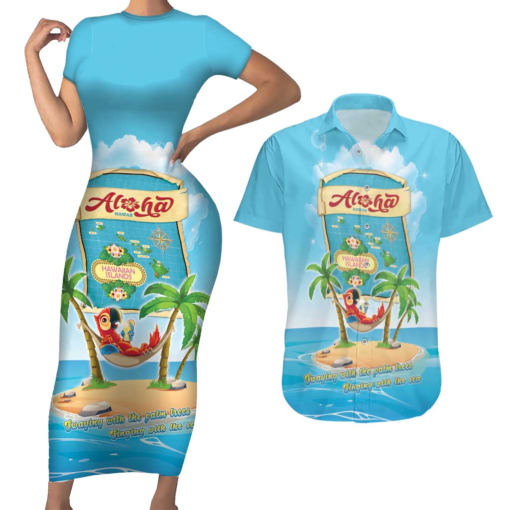 Aloha Hawaii Couples Matching Short Sleeve Bodycon Dress and Hawaiian Shirt Funny Macaw Parrot Tropical Vibe