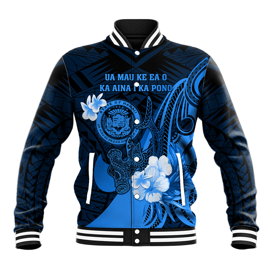 Personalised Hawaii State Motto Baseball Jacket Hawaiian Tribal Blue Hammerhead Shark LT05 Unisex Blue - Polynesian Pride