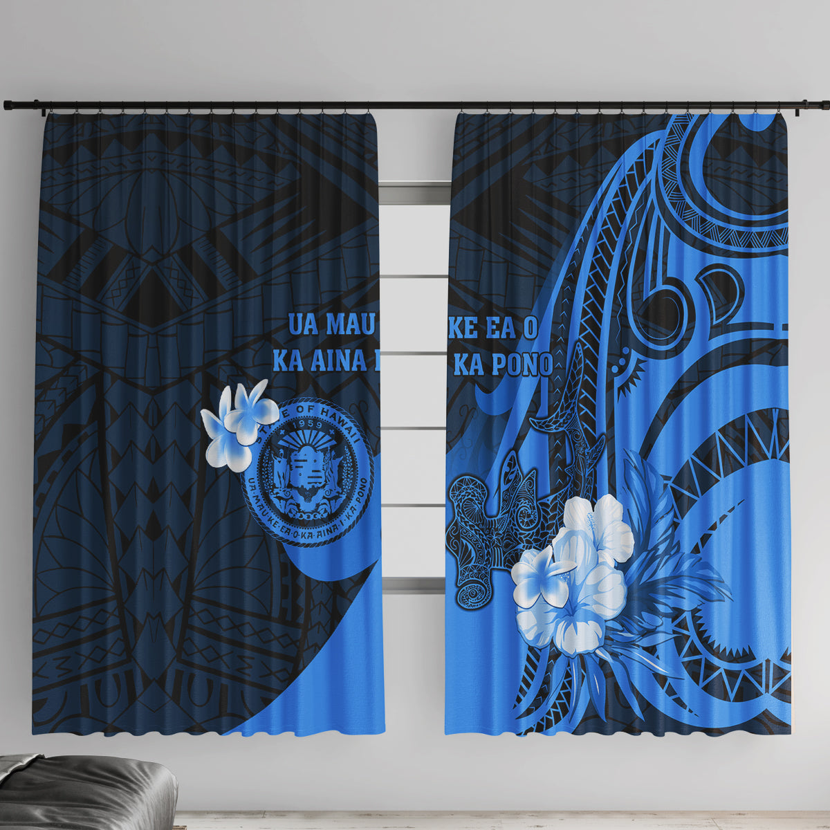 Hawaii State Motto Window Curtain Hawaiian Tribal Blue Hammerhead Shark LT05 With Hooks Blue - Polynesian Pride