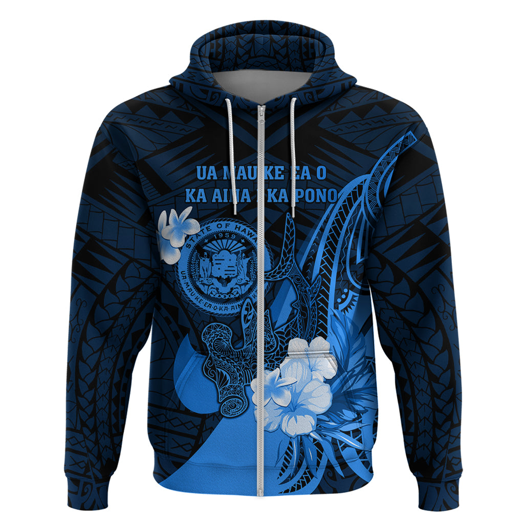 Personalised Hawaii State Motto Zip Hoodie Hawaiian Tribal Blue Hammerhead Shark LT05 Zip Hoodie Blue - Polynesian Pride