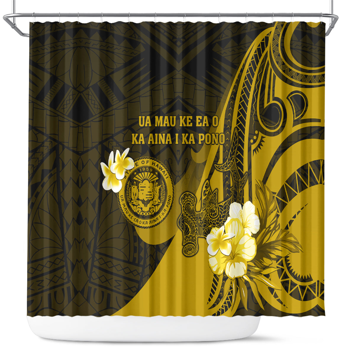 Hawaii State Motto Shower Curtain Hawaiian Tribal Gold Hammerhead Shark LT05 Gold - Polynesian Pride