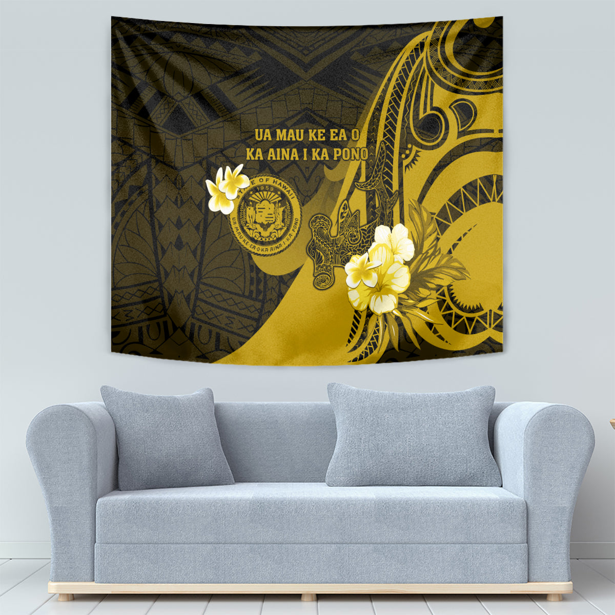 Hawaii State Motto Tapestry Hawaiian Tribal Gold Hammerhead Shark LT05 - Polynesian Pride