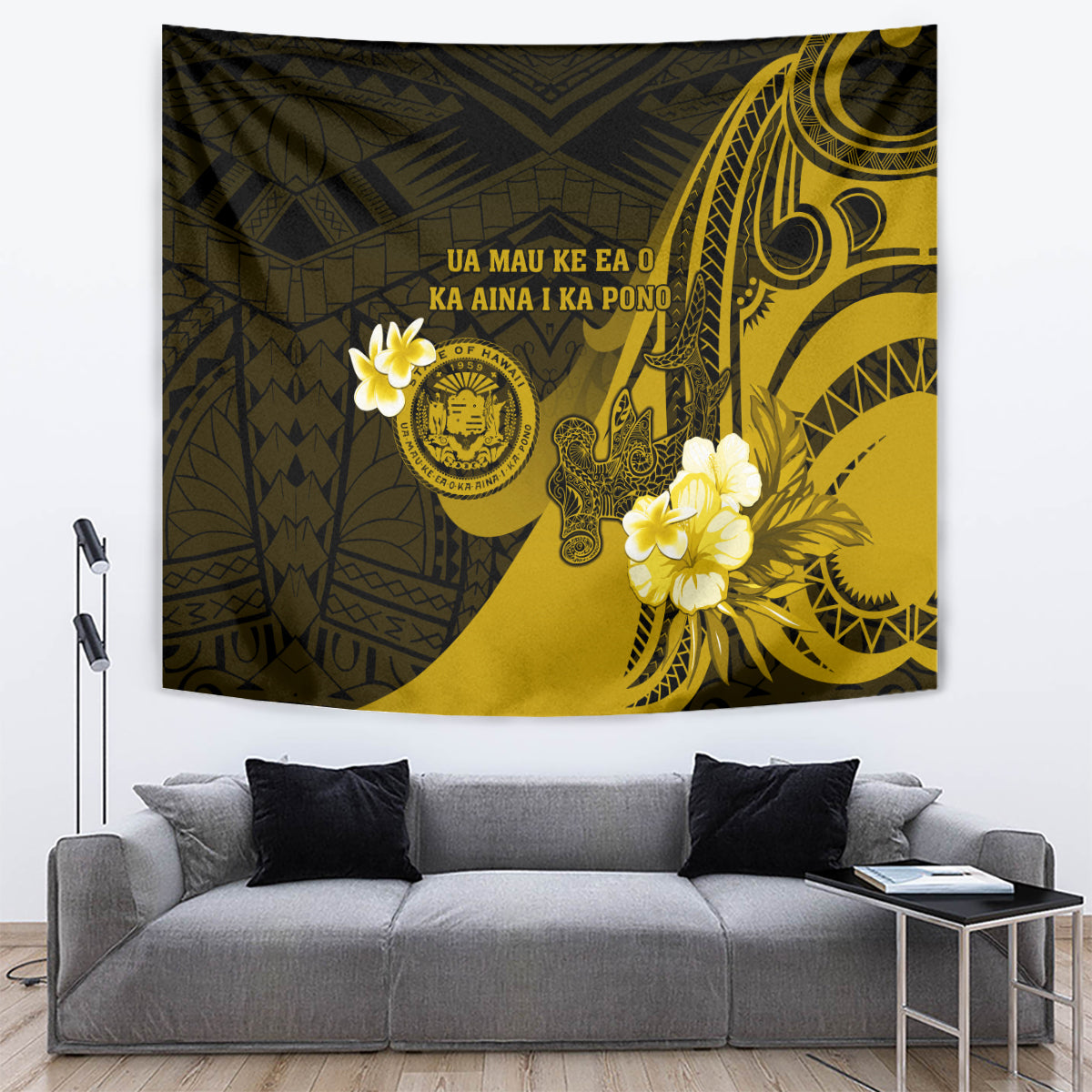 Hawaii State Motto Tapestry Hawaiian Tribal Gold Hammerhead Shark LT05 - Polynesian Pride