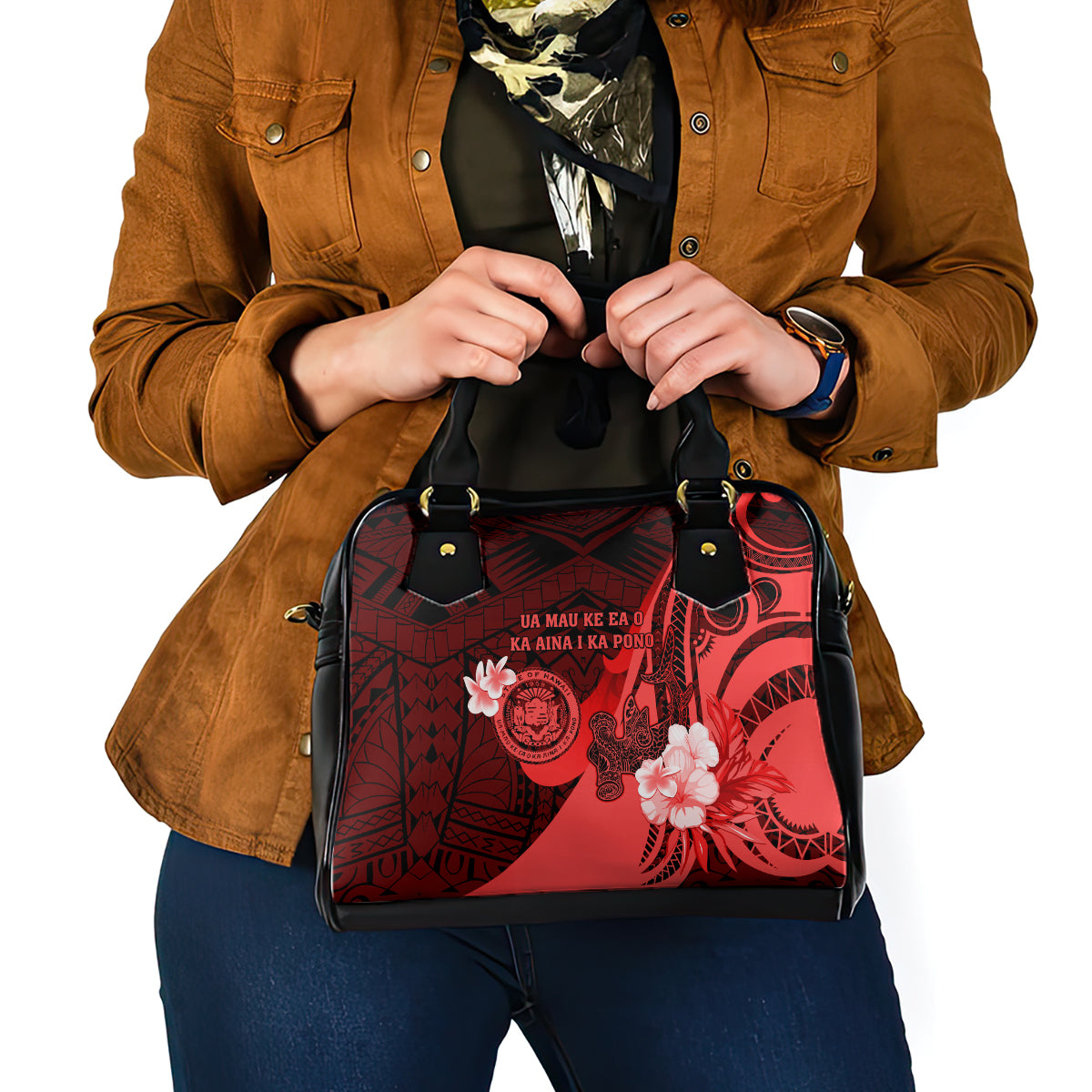 Hawaii State Motto Shoulder Handbag Hawaiian Tribal Red Hammerhead Shark LT05 - Polynesian Pride