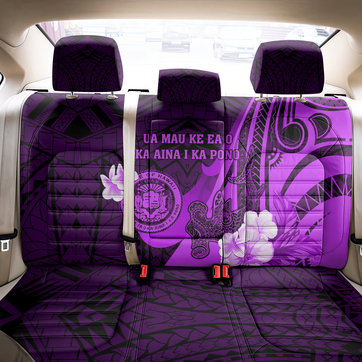 Hawaii State Motto Back Car Seat Cover Hawaiian Tribal Purple Hammerhead Shark LT05 - Polynesian Pride