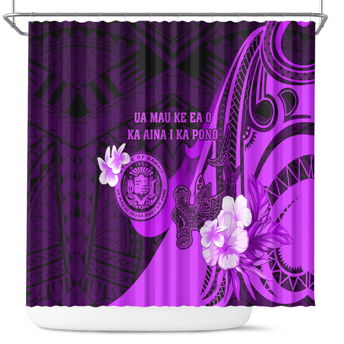 Hawaii State Motto Shower Curtain Hawaiian Tribal Purple Hammerhead Shark LT05 Purple - Polynesian Pride