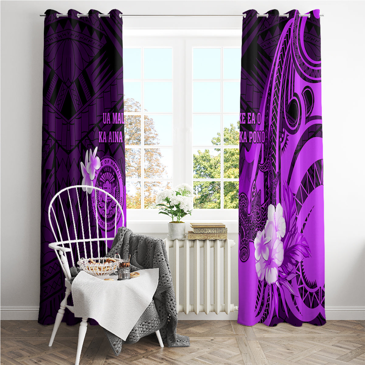 Hawaii State Motto Window Curtain Hawaiian Tribal Purple Hammerhead Shark LT05 - Polynesian Pride