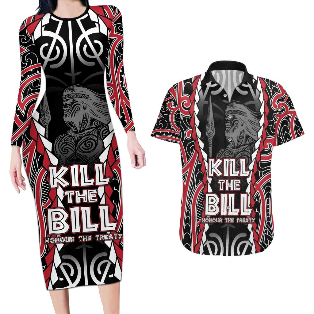 Aotearoa Waitangi Day Couples Matching Long Sleeve Bodycon Dress and Hawaiian Shirt Maori Warrior Tribal Tattoo