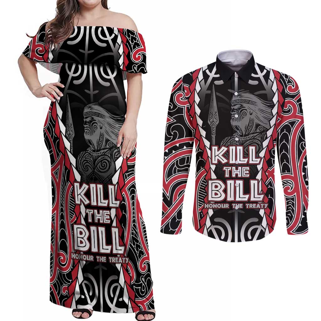 Aotearoa Waitangi Day Couples Matching Off Shoulder Maxi Dress and Long Sleeve Button Shirt Maori Warrior Tribal Tattoo