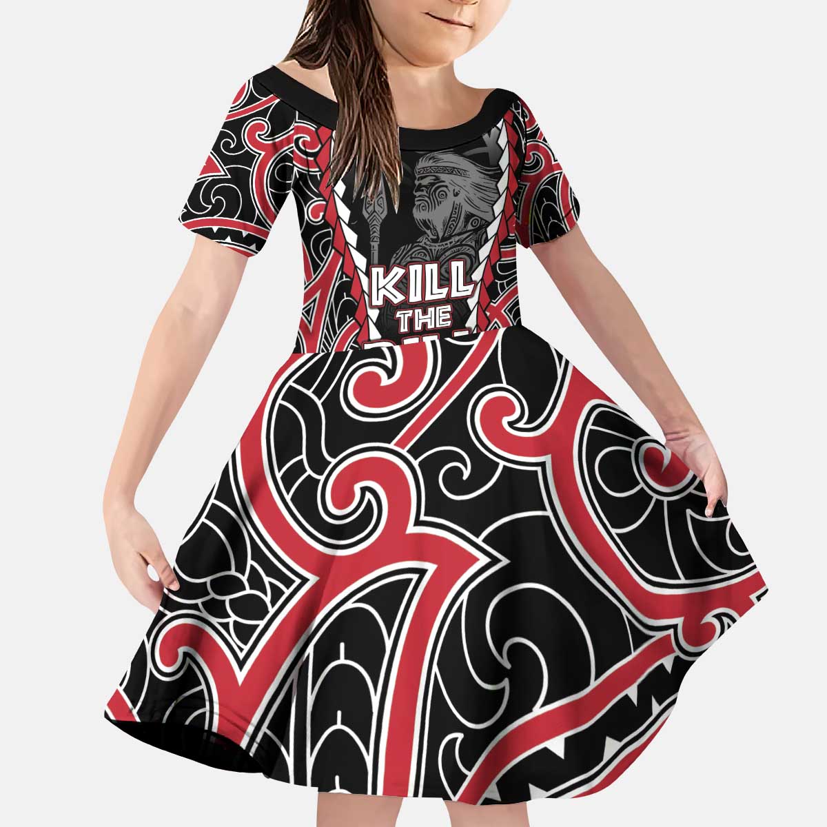 Aotearoa Waitangi Day Kid Short Sleeve Dress Maori Warrior Tribal Tattoo