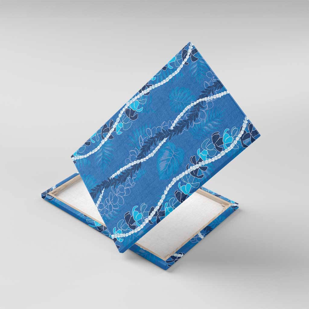 Hawaii Maile Lei Canvas Wall Art With Blue Monstera Pattern LT05 With Frame Blue - Polynesian Pride