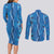 Hawaii Maile Lei Couples Matching Long Sleeve Bodycon Dress and Long Sleeve Button Shirt With Blue Monstera Pattern