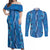 Hawaii Maile Lei Couples Matching Off Shoulder Maxi Dress and Long Sleeve Button Shirt With Blue Monstera Pattern