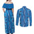 Hawaii Maile Lei Couples Matching Off Shoulder Maxi Dress and Long Sleeve Button Shirt With Blue Monstera Pattern