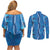 Hawaii Maile Lei Couples Matching Off Shoulder Short Dress and Long Sleeve Button Shirt With Blue Monstera Pattern