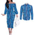 Hawaii Maile Lei Couples Matching Off The Shoulder Long Sleeve Dress and Long Sleeve Button Shirt With Blue Monstera Pattern