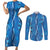 Hawaii Maile Lei Couples Matching Short Sleeve Bodycon Dress and Long Sleeve Button Shirt With Blue Monstera Pattern