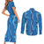 Hawaii Maile Lei Couples Matching Short Sleeve Bodycon Dress and Long Sleeve Button Shirt With Blue Monstera Pattern