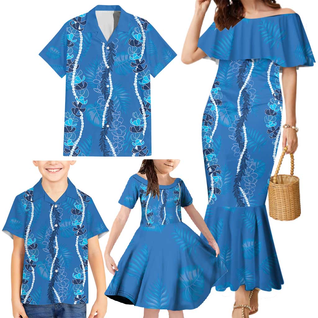 Hawaii Maile Lei Family Matching Mermaid Dress and Hawaiian Shirt With Blue Monstera Pattern