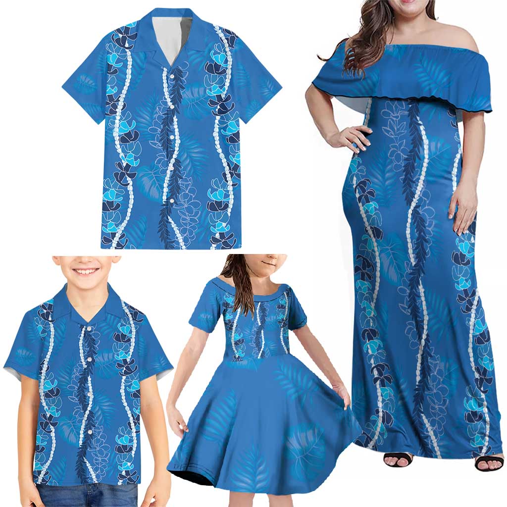 Hawaii Maile Lei Family Matching Off Shoulder Maxi Dress and Hawaiian Shirt With Blue Monstera Pattern