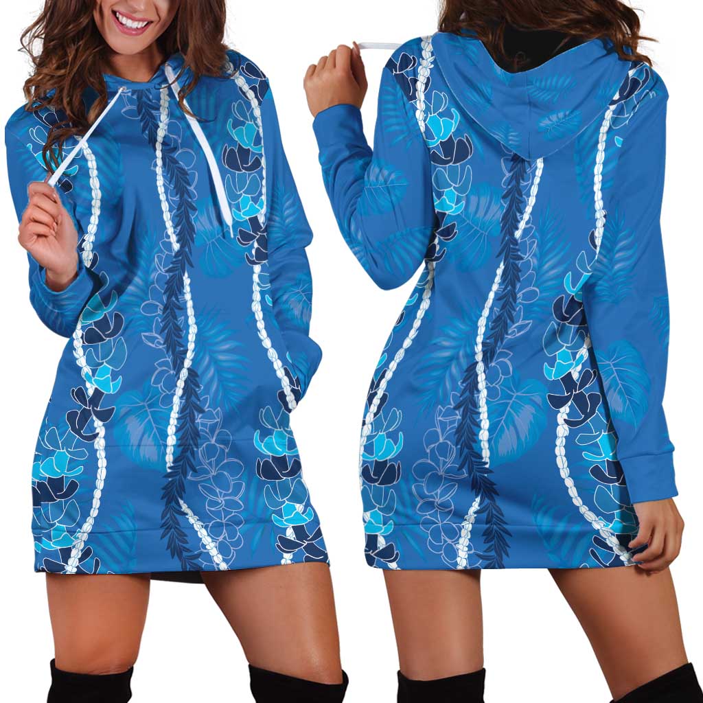 Hawaii Maile Lei Hoodie Dress With Blue Monstera Pattern LT05 - Polynesian Pride