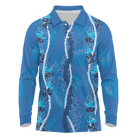 Hawaii Maile Lei Long Sleeve Polo Shirt With Blue Monstera Pattern LT05 Blue - Polynesian Pride