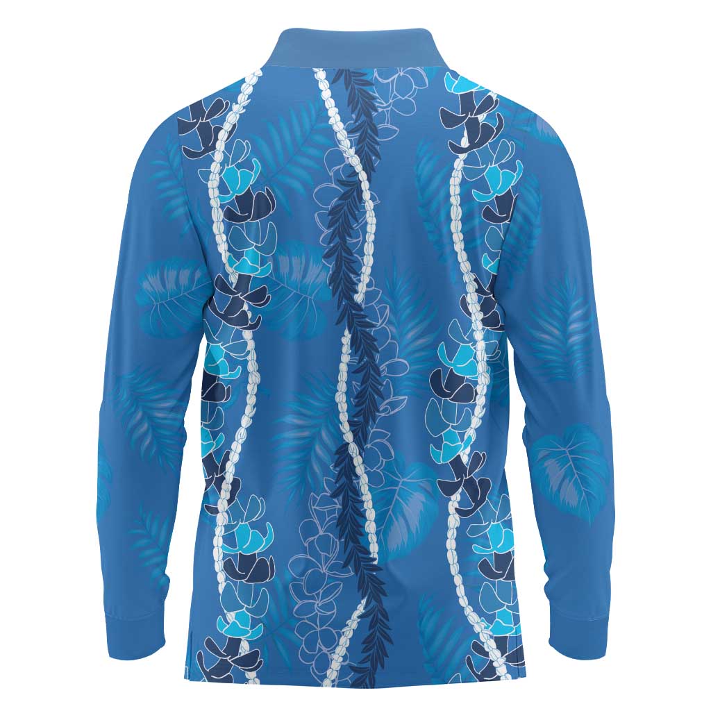 Hawaii Maile Lei Long Sleeve Polo Shirt With Blue Monstera Pattern LT05 - Polynesian Pride