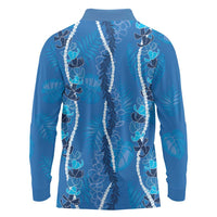 Hawaii Maile Lei Long Sleeve Polo Shirt With Blue Monstera Pattern LT05 - Polynesian Pride