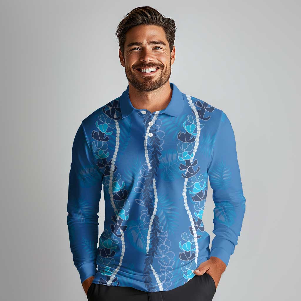 Hawaii Maile Lei Long Sleeve Polo Shirt With Blue Monstera Pattern LT05 - Polynesian Pride
