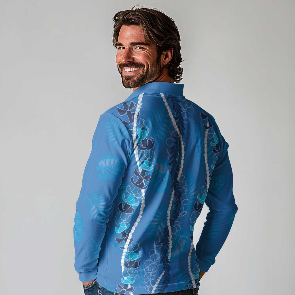 Hawaii Maile Lei Long Sleeve Polo Shirt With Blue Monstera Pattern LT05 - Polynesian Pride