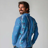 Hawaii Maile Lei Long Sleeve Polo Shirt With Blue Monstera Pattern LT05 - Polynesian Pride