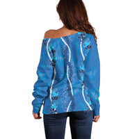 Hawaii Maile Lei Off Shoulder Sweater With Blue Monstera Pattern LT05 - Polynesian Pride