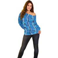 Hawaii Maile Lei Off Shoulder Sweater With Blue Monstera Pattern LT05 - Polynesian Pride