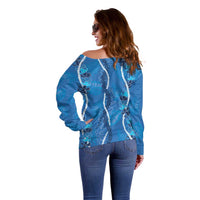 Hawaii Maile Lei Off Shoulder Sweater With Blue Monstera Pattern LT05 - Polynesian Pride