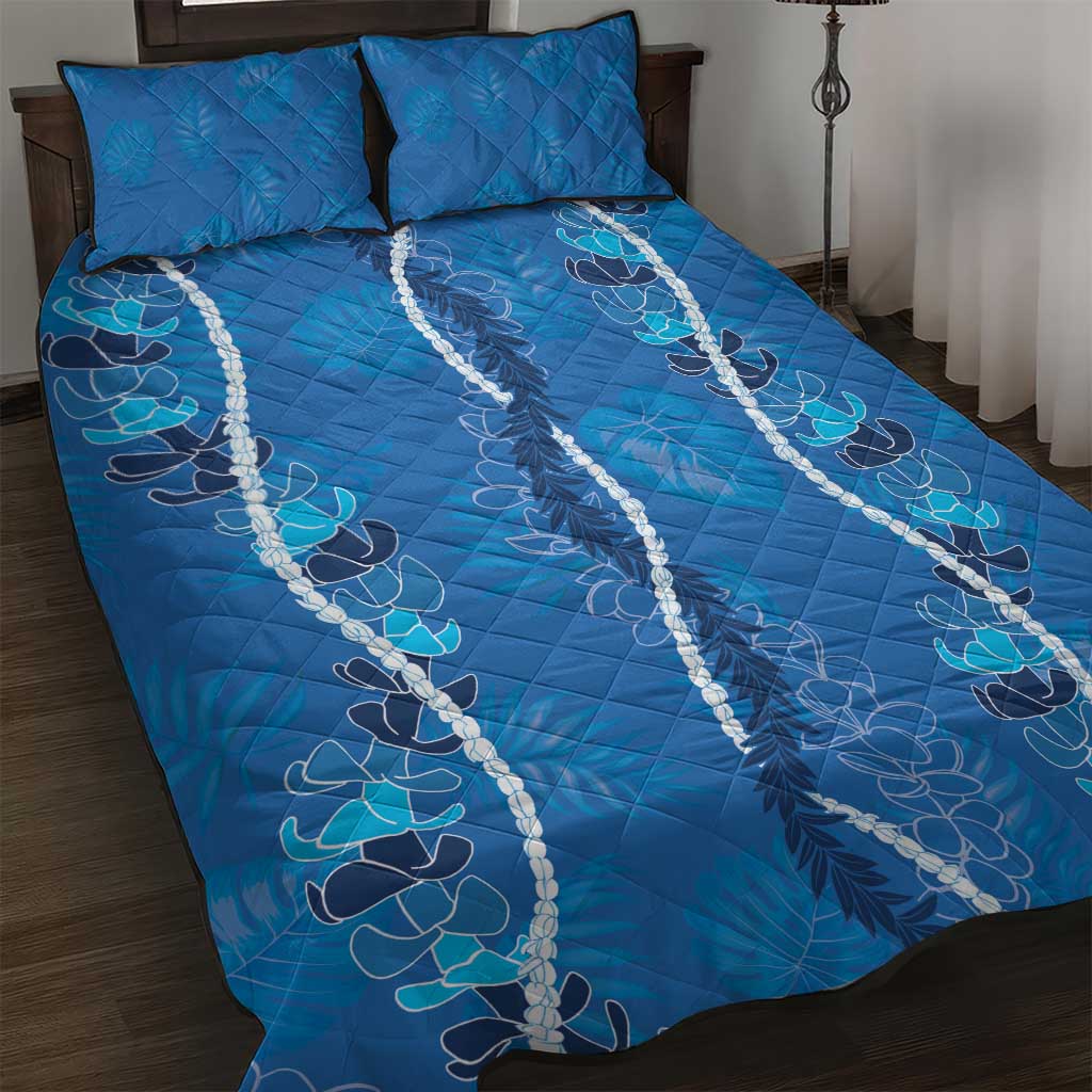 Hawaii Maile Lei Quilt Bed Set With Blue Monstera Pattern LT05 Blue - Polynesian Pride