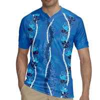 Hawaii Maile Lei Rugby Jersey With Blue Monstera Pattern LT05 - Polynesian Pride