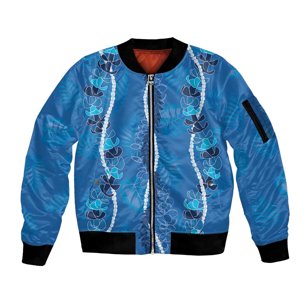 Hawaii Maile Lei Sleeve Zip Bomber Jacket With Blue Monstera Pattern LT05 Unisex Blue - Polynesian Pride