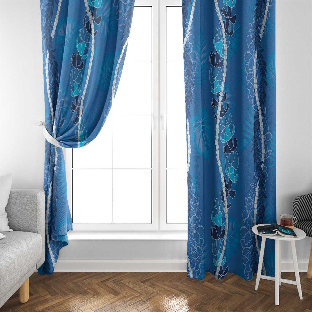 Hawaii Maile Lei Window Curtain With Blue Monstera Pattern LT05 - Polynesian Pride
