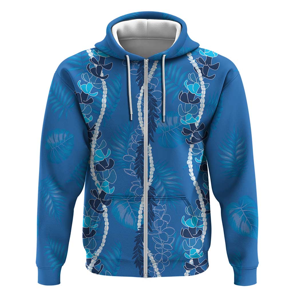Hawaii Maile Lei Zip Hoodie With Blue Monstera Pattern LT05 Zip Hoodie Blue - Polynesian Pride
