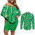 Hawaii Maile Lei Couples Matching Off Shoulder Short Dress and Long Sleeve Button Shirt With Green Monstera Pattern