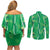 Hawaii Maile Lei Couples Matching Off Shoulder Short Dress and Long Sleeve Button Shirt With Green Monstera Pattern