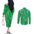 Hawaii Maile Lei Couples Matching Off The Shoulder Long Sleeve Dress and Long Sleeve Button Shirt With Green Monstera Pattern