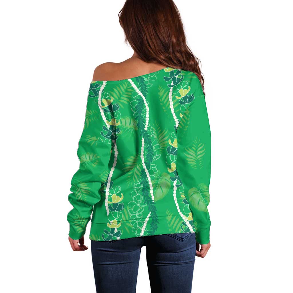 Hawaii Maile Lei Off Shoulder Sweater With Green Monstera Pattern LT05 - Polynesian Pride