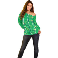 Hawaii Maile Lei Off Shoulder Sweater With Green Monstera Pattern LT05 - Polynesian Pride
